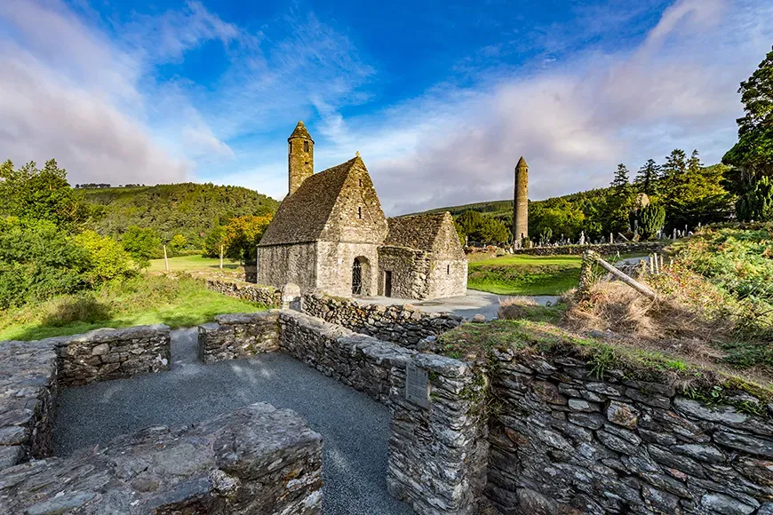 Glendalough is a village with a monastery in County Wicklow, Ireland. The monastery was founded in the 6th century by saint Kevin, hermit and priest, destroyed in 1398 by the English army. 